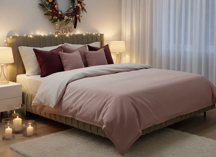 Łóżko Plissa Nube 20 w przytulnej sypialni ze świątecznym wieńcem, lampkami i miękką pościelą, tworzące ciepły, romantyczny klimat.