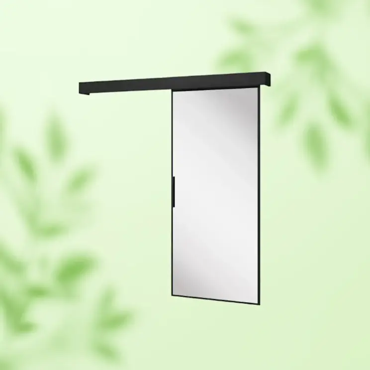 Nowoczesne drzwi przesuwne Lindo z dużym lustrem w minimalistycznej czarnej ramie. Stylowe rozwiązanie do sypialni, garderoby lub przedpokoju.