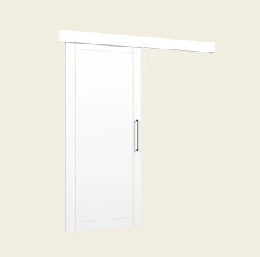 Drzwi przesuwne Crestina w kolorze białym z górną prowadnicą i uchwytem; oszczędzają miejsce i porządkują wnętrze mieszkania.