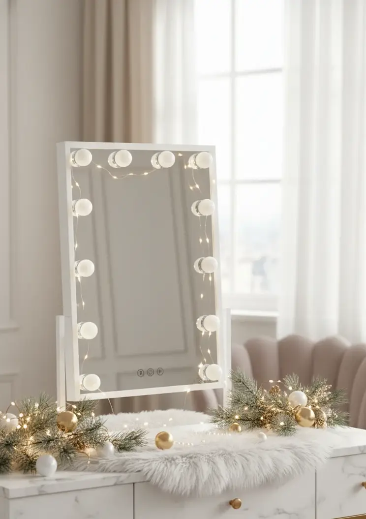 Toaletka z lustrem Flamnate, otulona świątecznymi ozdobami, girlandą i subtelnymi lampkami, tworzy przytulny, kobiecy nastrój wnętrza.