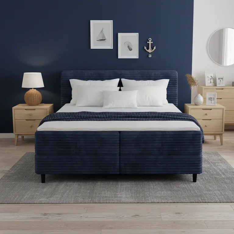 Łóżko Cortiko w granatowej tkaninie w sypialni urządzonej w marynistycznym stylu z jasnymi meblami i dekoracjami.