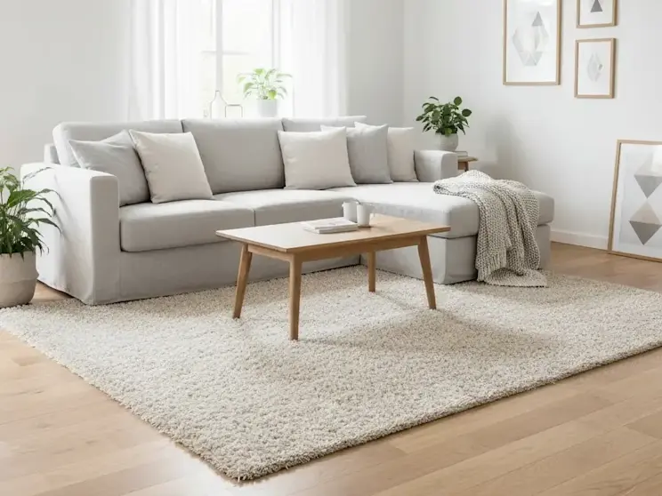 Dywan Blodwen Beige w jasnym salonie z dużą narożną sofą i drewnianym stolikiem kawowym. Miękkie, puszyste runo w ciepłym odcieniu beżu ociepla wnętrze, podkreślając skandynawski charakter aranżacji i tworząc komfortową przestrzeń wypoczynkową.