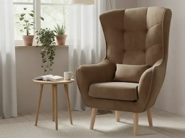 Brązowy fotel Arti w tkaninie Monolith 09 w stylu uszak ustawiony w jasnym salonie przy oknie, obok niewielkiego stolika z książką i roślinami, tworzący przytulny kącik do relaksu i czytania.