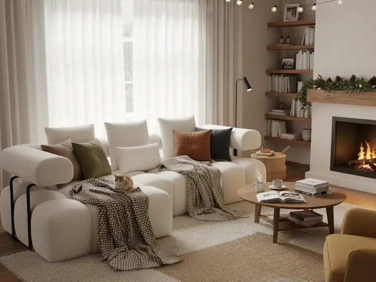 Lewostronny narożnik Levvi w tkaninie Jaffray 01, ustawiony w przytulnym salonie z kominkiem, regałem i ciepłym, nastrojowym światłem.