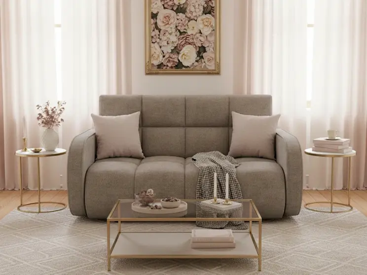 Stylowa amerykanka Deverio Poco 07 w jasnym, kobiecym wnętrzu z kwiatowym obrazem, pastelowymi poduszkami i eleganckimi dodatkami.