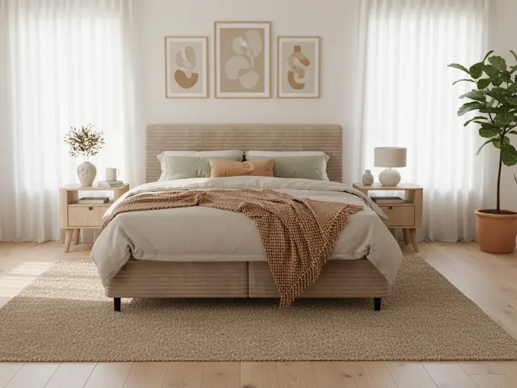 Beżowe łóżko Cortiko ustawione w przestronnym wnętrzu scandi z miękkimi tkaninami i dekoracjami w naturalnych barwach.