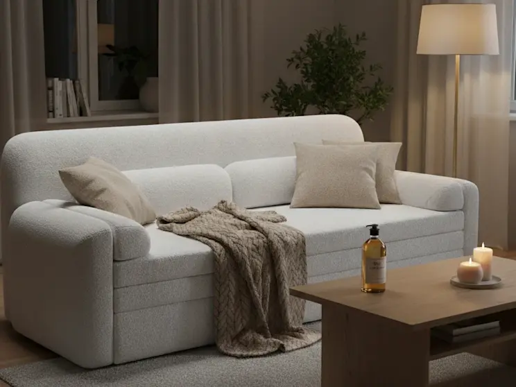 Jasna sofa Elioss Royal 01 w przytulnym salonie z beżowymi poduszkami i miękkim kocem. Przed sofą stoi drewniany stolik z zapalonymi świecami, a w tle widoczna jest lampa podłogowa i zasłony.