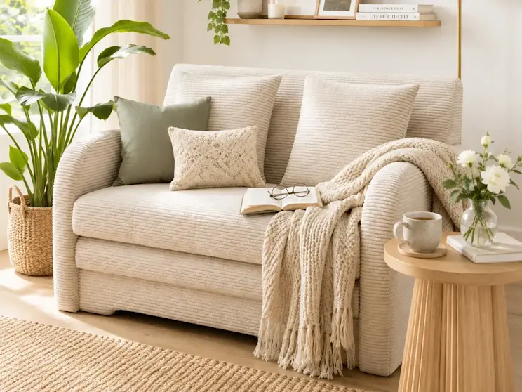Beżowa prążkowana sofa Jarell ustawiona w jasnym salonie z naturalnymi dodatkami. Dekoracyjne poduszki, miękki pled, drewniany stolik oraz rośliny doniczkowe tworzą przytulną przestrzeń do codziennego wypoczynku.