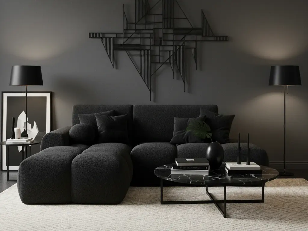 Ciemna, nastrojowa aranżacja z narożnikiem Vitario Royal 05, czarnymi lampami i minimalistycznym stolikiem na jasnym dywanie.