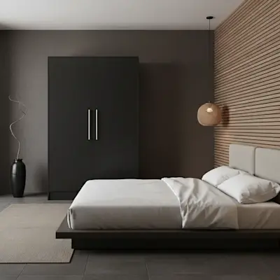 Czarna szafa Alarica II w nowoczesnej sypialni o loftowym charakterze z ciemną ścianą, drewnianym panelem i minimalistycznym łóżkiem. Kontrast materiałów i kolorów tworzy elegancką, wyrazistą przestrzeń sprzyjającą relaksowi.
