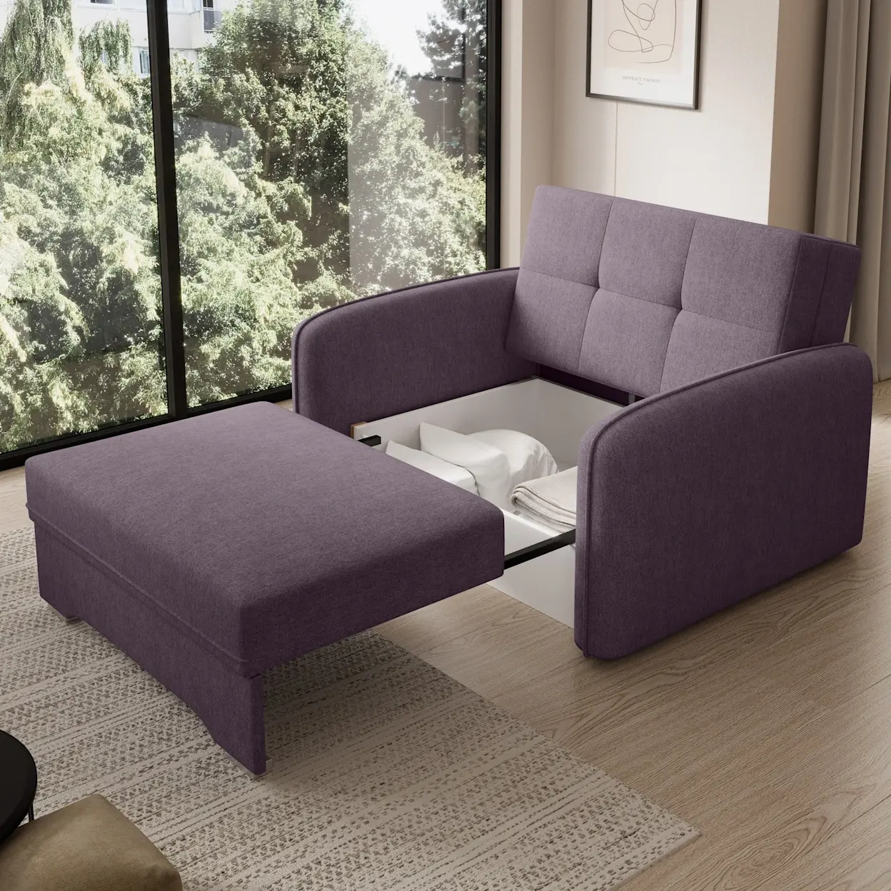 Amerykanka Laine w tkaninie Poco 41 – fioletowa sofa 1-osobowa rozkładana do przodu. Widoczny otwarty pojemnik na pościel z poduszkami i kocem, obok wysunięte siedzisko w jasnym wnętrzu przy dużym oknie.