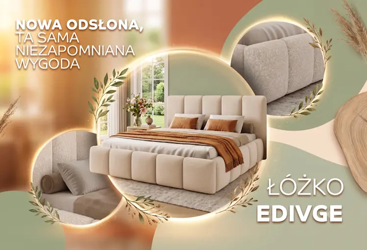 Łóżko Edivge w jasnej tapicerce z pionowym pikowaniem na zagłówku i ramie, z detalami miękkiej struktury tkaniny. Dostępne w dwóch wariantach stelaża