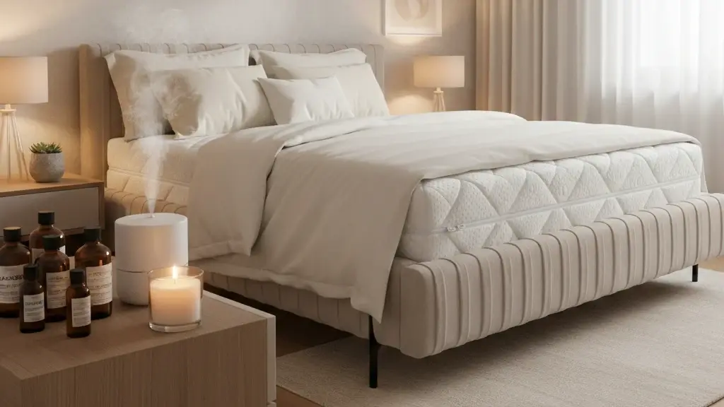 Beżowe łóżko tapicerowane Plissa Relax 18 z pionowymi przeszyciami i wysokim zagłówkiem w jasnej sypialni. Na łóżku biała pościel, a obok stoją lampki nocne i świeca na stoliku, tworząc przytulny klimat.
