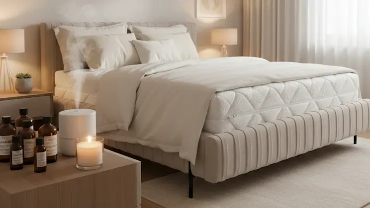 Beżowe łóżko tapicerowane Plissa Relax 18 z pionowymi przeszyciami i wysokim zagłówkiem w jasnej sypialni. Na łóżku biała pościel, a obok stoją lampki nocne i świeca na stoliku, tworząc przytulny klimat.