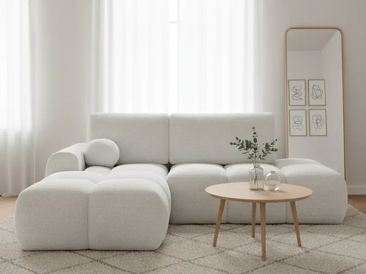 Narożnik Vittario w tkaninie Royal 01 ustawiony w przytulnym, naturalnym wnętrzu z roślinnym akcentem i jasnym dywanem.