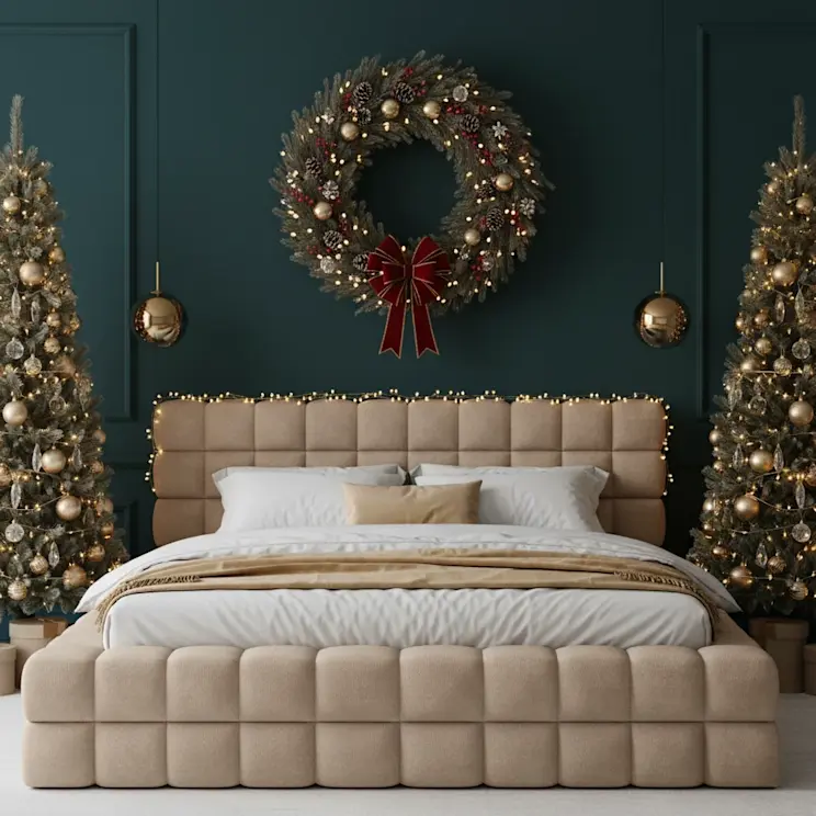 Tapicerowane łóżko Dizzle w eleganckiej sypialni w świątecznym stylu. Ciemna ściana, dekoracyjny wieniec i choinki tworzą wyjątkowy klimat.