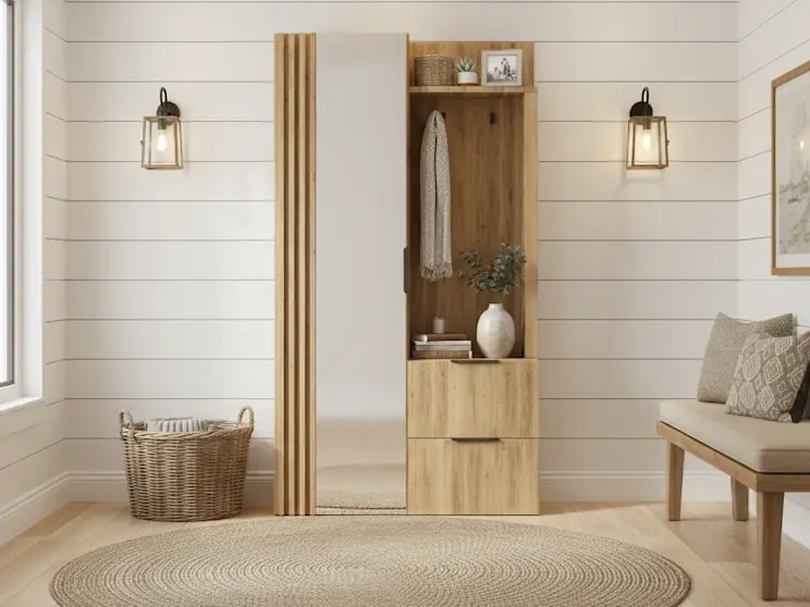 Garderoba Riganni w dekorze dębu z białym lustrem, wieszakiem na okrycia i pojemną szafką na obuwie. Aranżacja holu z plecionym koszem, drewnianą podłogą i ciepłym oświetleniem podkreśla domowy, uporządkowany klimat.