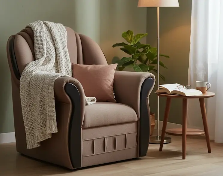 Jasnobrązowy fotel tapicerowany Lord Monolith 09 z czarnymi bocznymi wstawkami, ustawiony w przytulnym kąciku do czytania. Obok stoi stolik z książką i kubkiem oraz lampa podłogowa, tworząc domowy klimat.