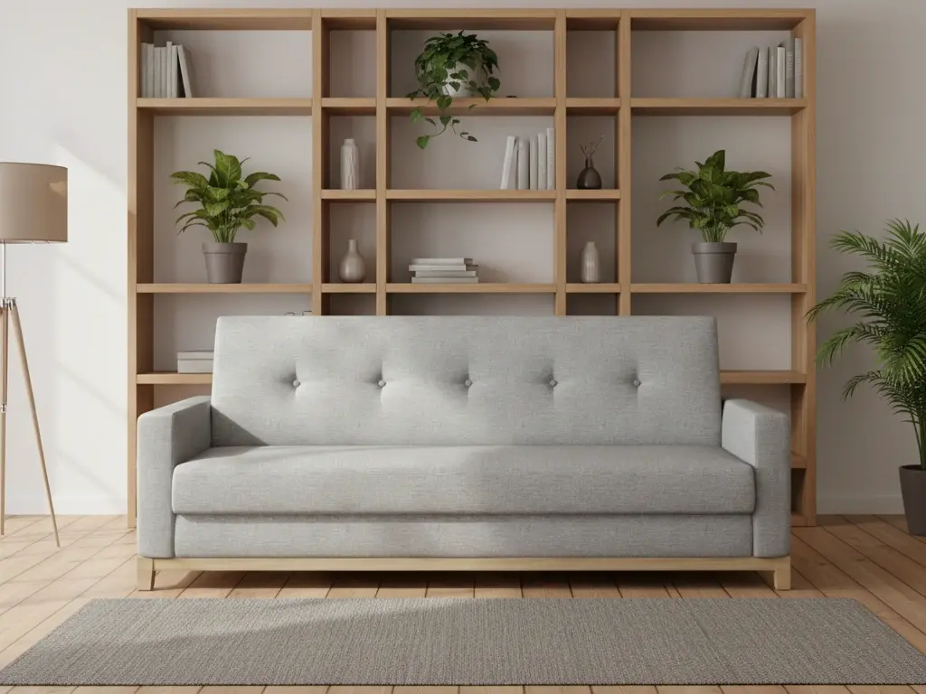 Wersalka Selene Sawana 21 w spokojnym, skandynawskim wnętrzu z regałem z jasnego drewna, roślinami i drewnianą podłogą.