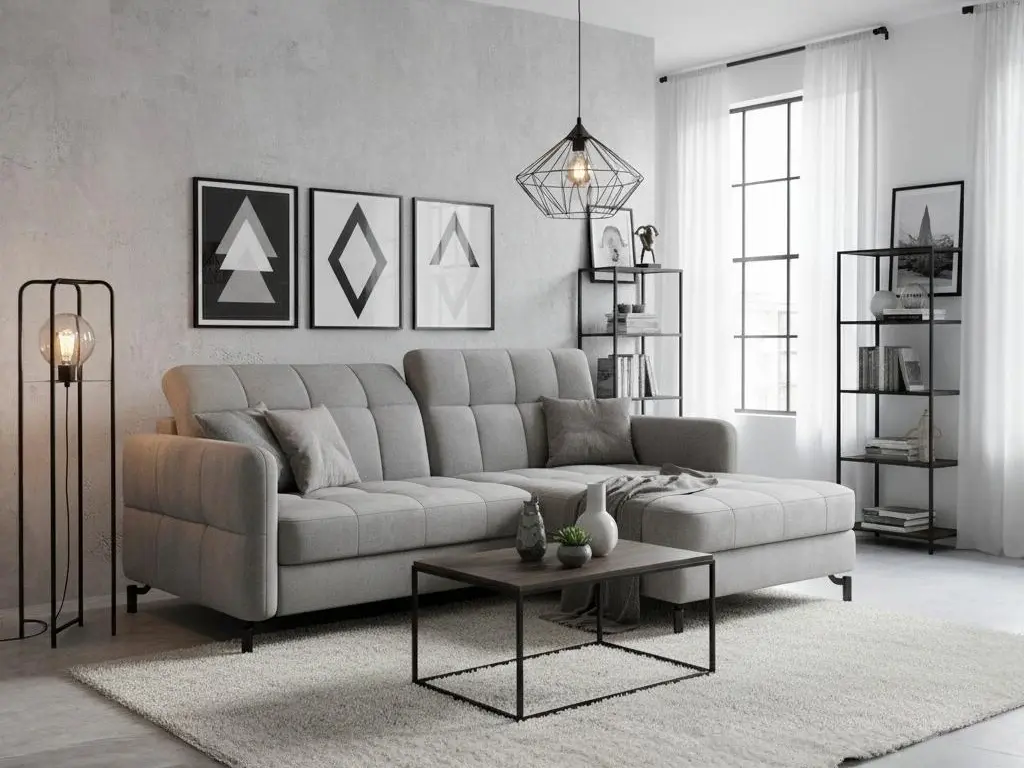 Szary narożnik Lorelle Monolith 84 w industrialnym salonie z dużymi oknami, metalowymi dodatkami i minimalistycznym oświetleniem.