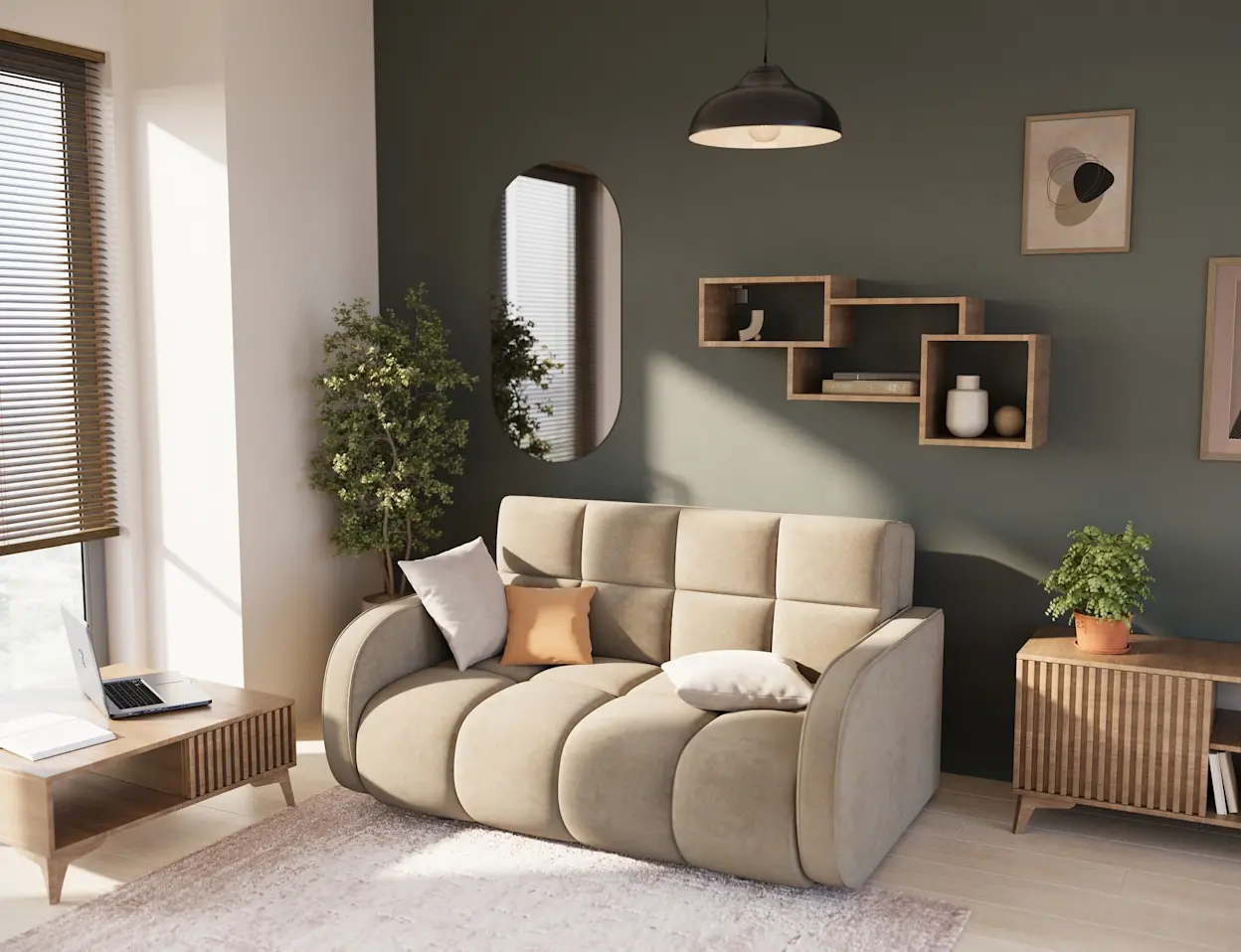 Stylowa sofa amerykanka Deverio w kolorze beżowym, z miękkim siedziskiem i prostym designem, idealna do przytulnego wnętrza.