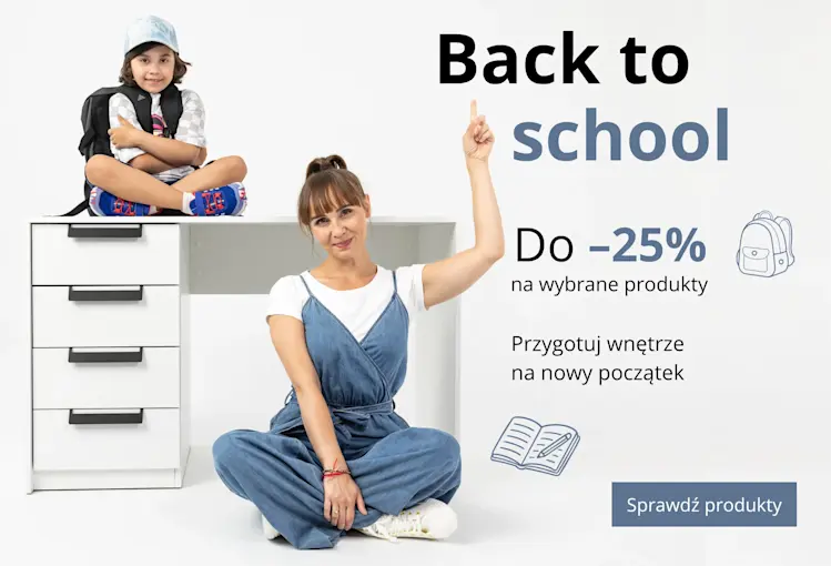 Baner Back to School ELTAP z uczniem i kobietą przy białym biurku, informujący o rabacie do 20% na wybrane produkty do pokoju.