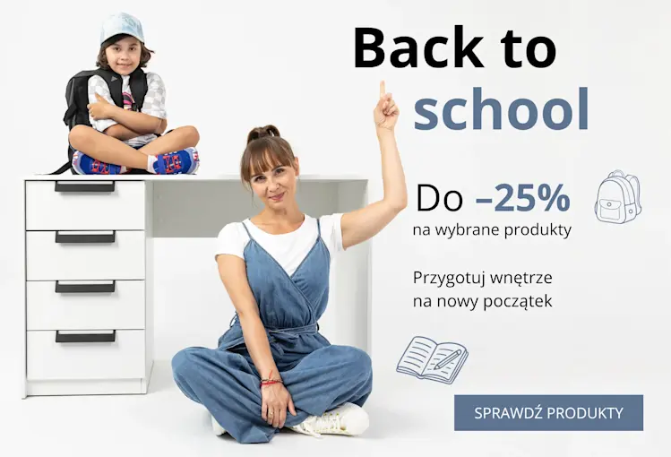 Baner Back to School ELTAP z uczniem i kobietą przy białym biurku, informujący o rabacie do 20% na wybrane produkty do pokoju.