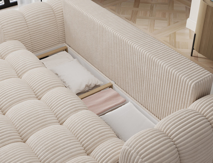 Beżowa sofa Cotonn Modullo 01 z ozdobnym pikowaniem i otwartym pojemnikiem na pościel w siedzisku.