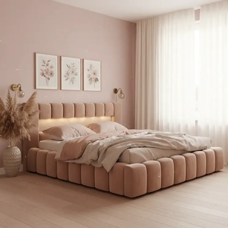 Tapicerowane łóżko Lamica w tkaninie Monolith 09 w pudrowo-różowym kolorze z wysokim zagłówkiem i dekoracyjnymi przeszyciami, ustawione w jasnej sypialni z zasłonami i subtelnymi dekoracjami ściennymi.
