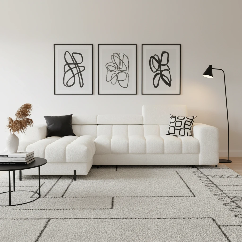 Narożnik Felro w tkaninie Amore 01 w nowoczesnym, czarno-białym salonie z abstrakcyjnymi grafikami i okrągłym stolikiem.