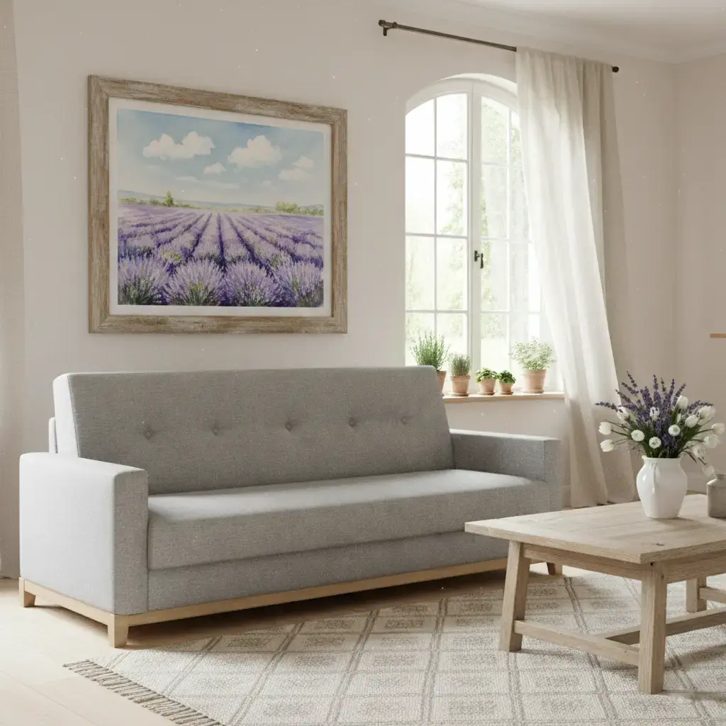 Szara wersalka Selene w tkaninie Sawana 21 z drewnianymi nóżkami w kolorze buk ustawiona w jasnym salonie z drewnianym stolikiem kawowym, obrazem z motywem lawendy i dużym oknem z jasnymi zasłonami.