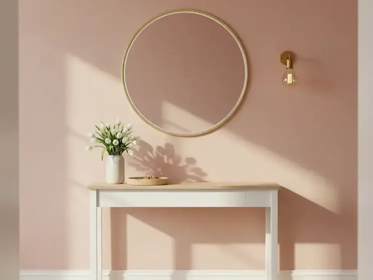 Okrągłe lustro Gerbinie w złotej ramie zawieszone nad jasną konsolą w eleganckim przedpokoju z pastelową ścianą, dekoracyjnym wazonem z kwiatami i minimalistyczną lampą ścienną.