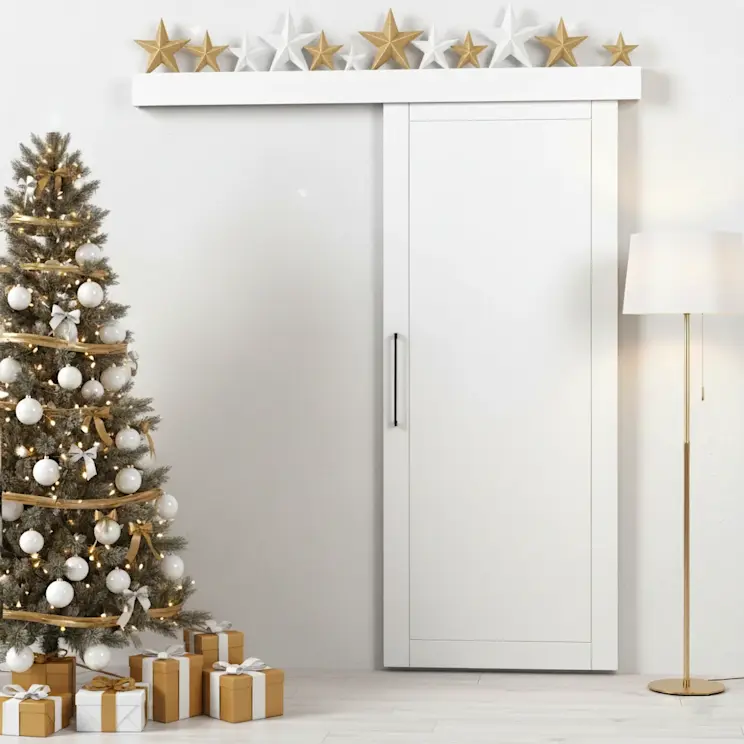 Drzwi przesuwne Charlise w świątecznej stylizacji. Jasne wnętrze z choinką, prezentami i złotymi dodatkami podkreśla elegancję mebla.