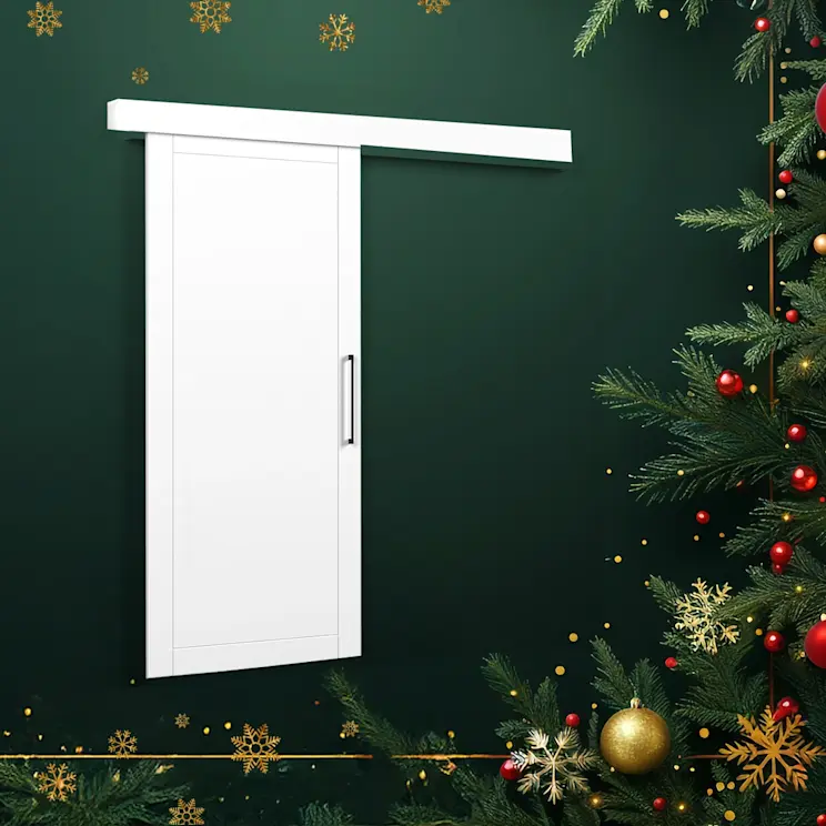 Drzwi przesuwne Charlise w białym wykończeniu zaprezentowane na świątecznej grafice z zielonym tłem, gałązkami choinki i złotymi akcentami.
