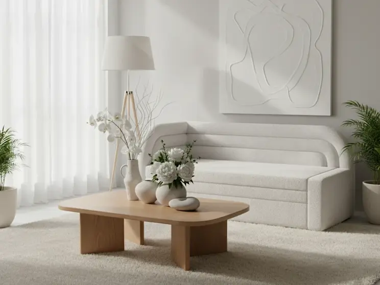 Biała kanapa Fabillo w wersji lewostronnej, zaprezentowana w jasnym salonie z naturalnymi dodatkami i spokojną aranżacją.