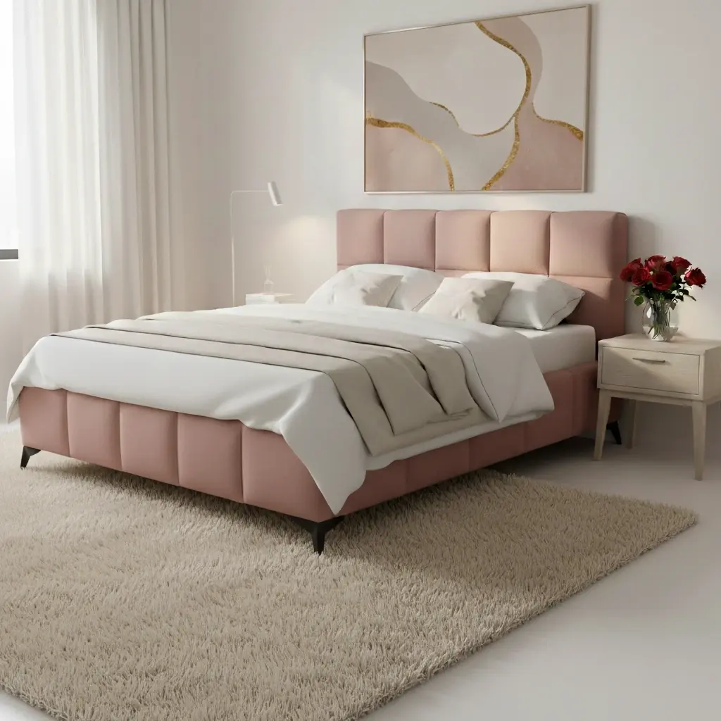 Łóżko tapicerowane Mist Nube 24 w pudrowym różu w jasnej sypialni. Wysoki, miękki zagłówek i elegancka forma tworzą przytulne miejsce do odpoczynku, a biała pościel dodaje lekkości.