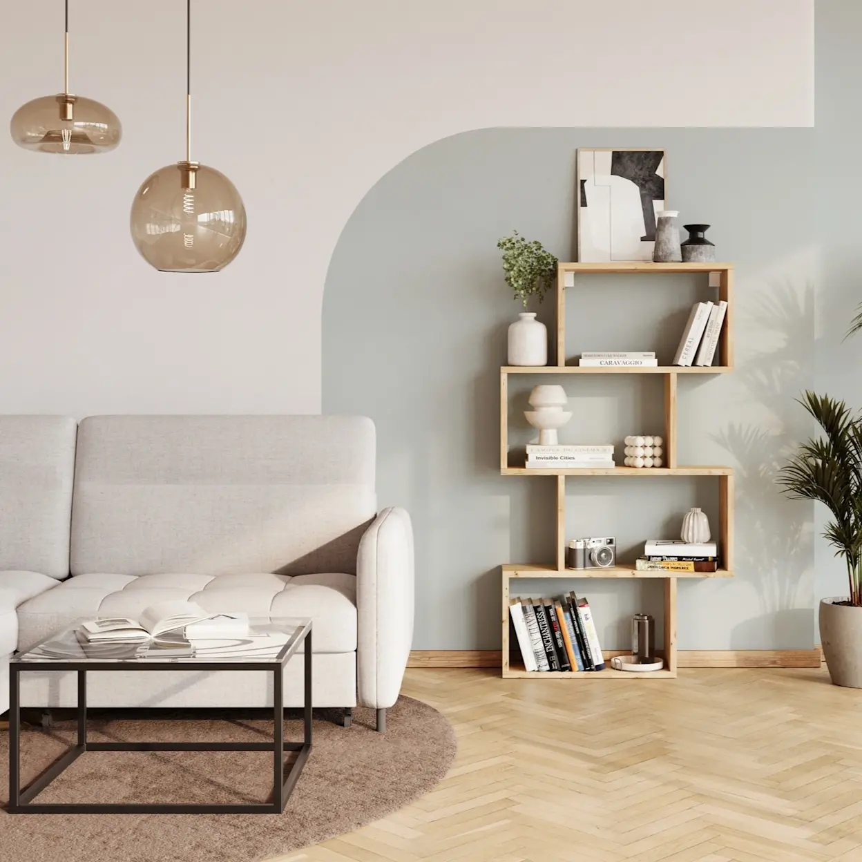 Jasny salon w nowoczesnym stylu: narożnik Gomsi w tkaninie Manhattan 18, obok regał schodkowy Egurro z dekoracjami i książkami oraz metalowy stolik kawowy Merala.