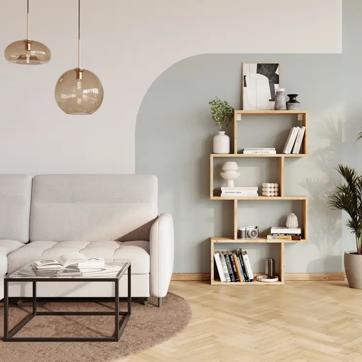 Regał Egurro SH-EGU-OA-REG80, narożnik Gomsi Manhattan 18 CO-GOM-LT-18MAN, stolik kawowy Merala TA-MER-GLAS [pomieszczenie MAŁE]