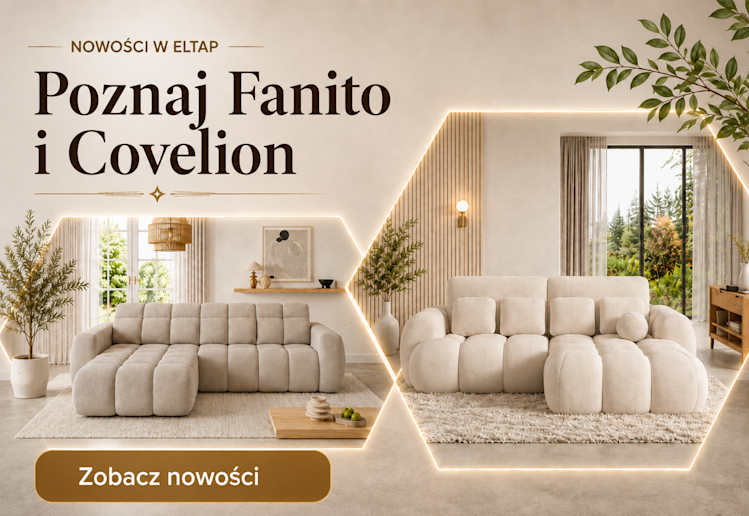 Baner nowości ELTAP z narożnikami Fanito i Covelion w jasnych tkaninach, pokazanymi w dwóch eleganckich aranżacjach salonu.
