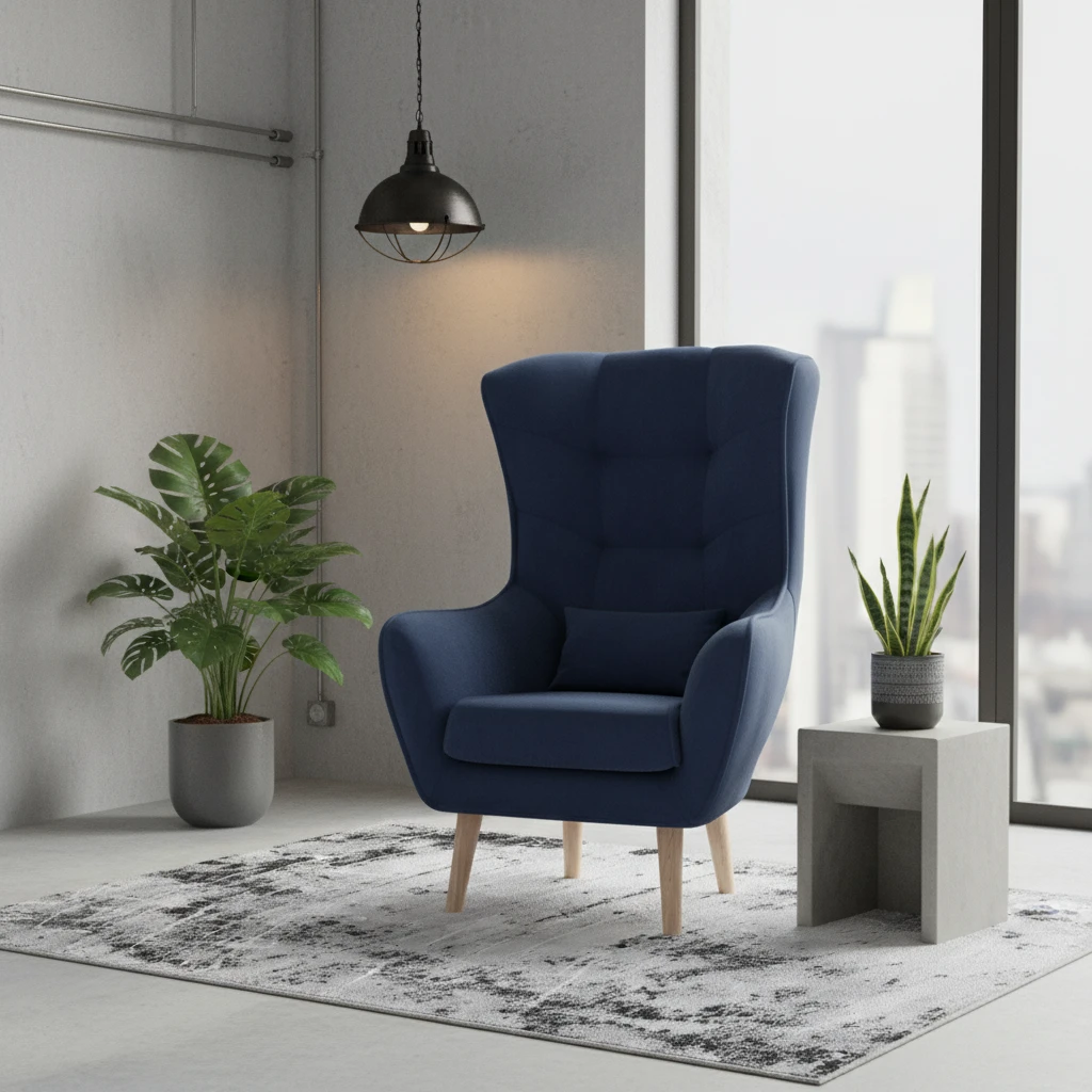 Ciekawy fotel Arti w granatowej tkaninie Monolith 77 stoi na dywanie Bardot Grey w minimalistycznej, loftowej przestrzeni. Jasne kolory, metalowe dodatki i zielone rośliny
