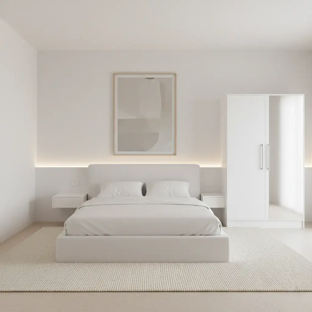 Biała szafa Alarica II z lustrem w minimalistycznej sypialni z jasnym łóżkiem, subtelnym oświetleniem LED i stonowaną kolorystyką. Lustro optycznie powiększa przestrzeń i dodaje wnętrzu lekkości oraz elegancji.