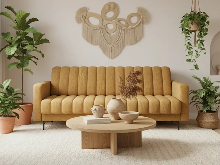 Musztardowa wersalka Roneyy Manhattan 45 w naturalnym wnętrzu z roślinami i drewnianymi dodatkami, utrzymanym w ciepłych barwach.