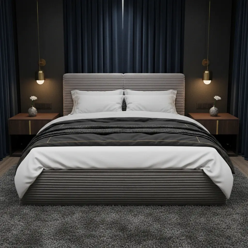 Elegancka, ciemna sypialnia z łóżkiem tapicerowanym Pesillio Modullo 03 i ryflowanym zagłówkiem. Po bokach stoją stoliki nocne z dekoracjami, a całość doświetlają wiszące lampy na tle granatowych zasłon.