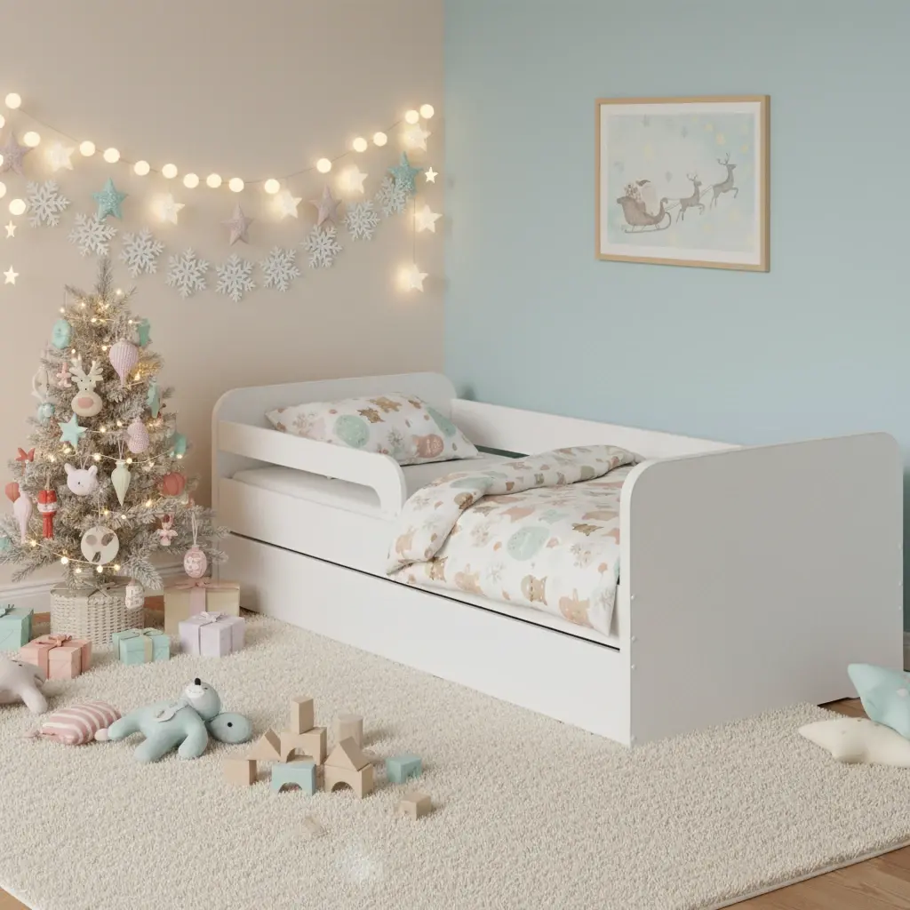 Białe łóżko Duuli w pastelowym pokoju dziecięcym z małą choinką, prezentami i świątecznymi dekoracjami, tworzące ciepły, magiczny klimat.