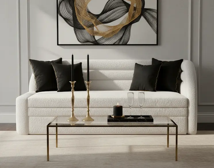 Biała kanapa Fabillo Royal 01 w eleganckim salonie z czarnymi poduszkami. Przed meblem stoi szklany stolik na złotych nogach z czarnymi świecznikami i kieliszkami, a na ścianie wisi nowoczesny obraz.