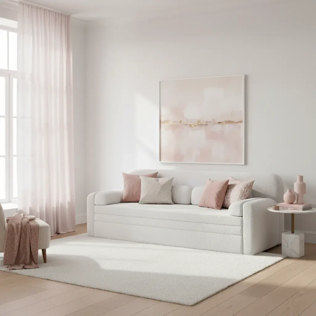 Biała kanapa Elioss w jasnym salonie z delikatnymi różowymi dodatkami. Elegancka aranżacja wnętrza sprzyjająca relaksowi i codziennemu komfortowi.