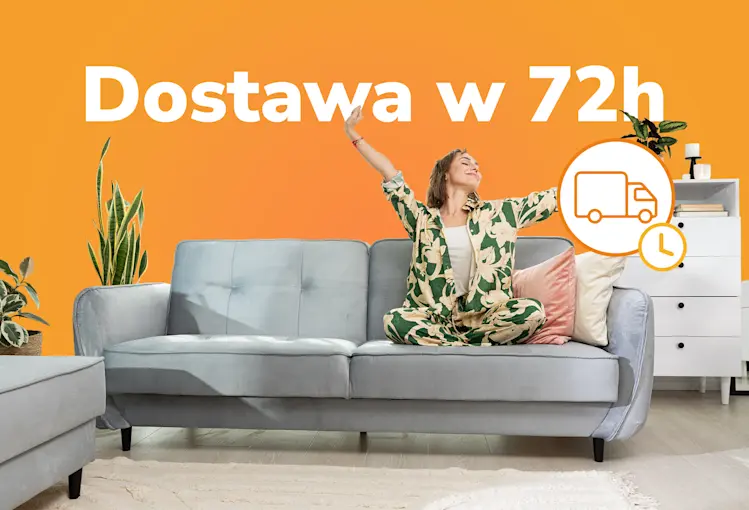 Szybka dostawa w 72 godziny – kobieta siedzi na sofie Bellis marki ELTAP na tle pomarańczowej ściany z napisem Dostawa w 72h i ikoną szybkiej dostawy.