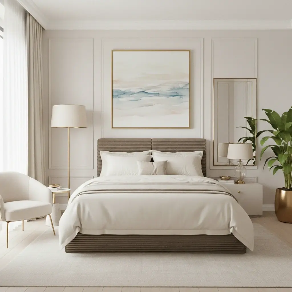 Jasna, elegancka sypialnia z łóżkiem Pesillo II Modullo 20 i ryflowanym zagłówkiem w beżowym odcieniu. Biała pościel, złote dodatki, obraz nad łóżkiem oraz duże lustro tworzą spokojny, hotelowy klimat.