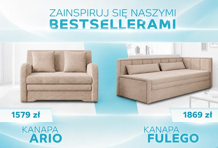 Baner z bestsellerami ELTAP prezentujący kanapę Ario i kanapę Fulego w beżowej tkaninie z widoczną strukturą oraz podanymi cenami produktów