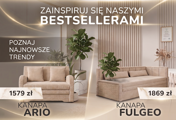 Baner z bestsellerami ELTAP prezentujący kanapę Ario i kanapę Fulego w beżowej tkaninie z widoczną strukturą oraz podanymi cenami produktów
